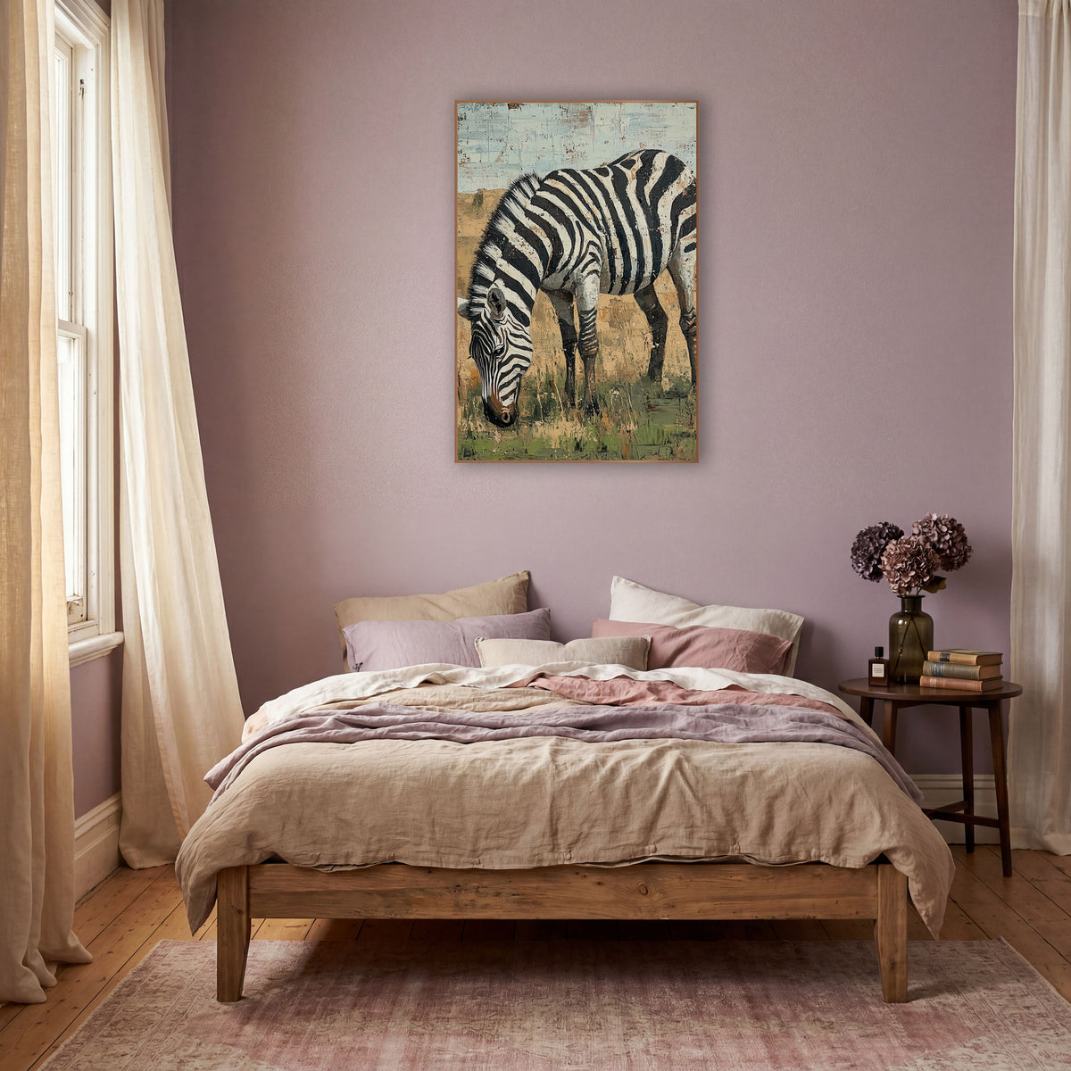 Grazing Zebra Savanna Boho wall art in a warm boho-style room – zebra with bold black and white stripes grazing in dry