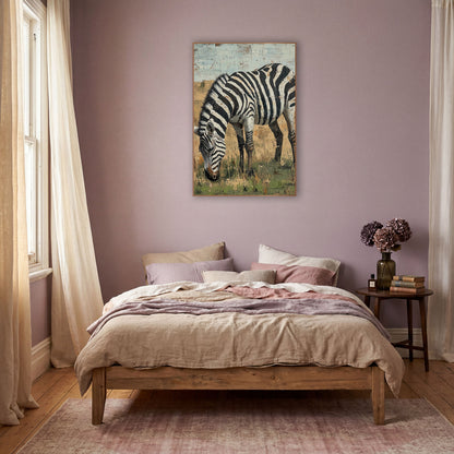 Grazing Zebra Savanna Boho wall art in a warm boho-style room – zebra with bold black and white stripes grazing in dry