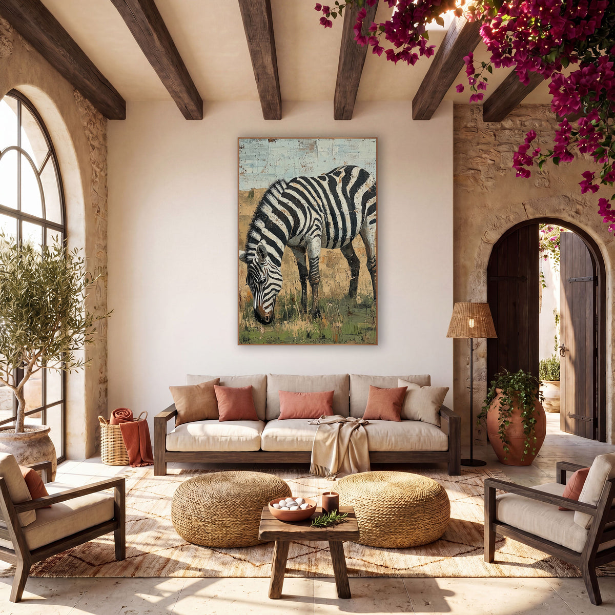 Grazing Zebra Savanna Boho wall art in a warm boho-style room – zebra with bold black and white stripes grazing in dry