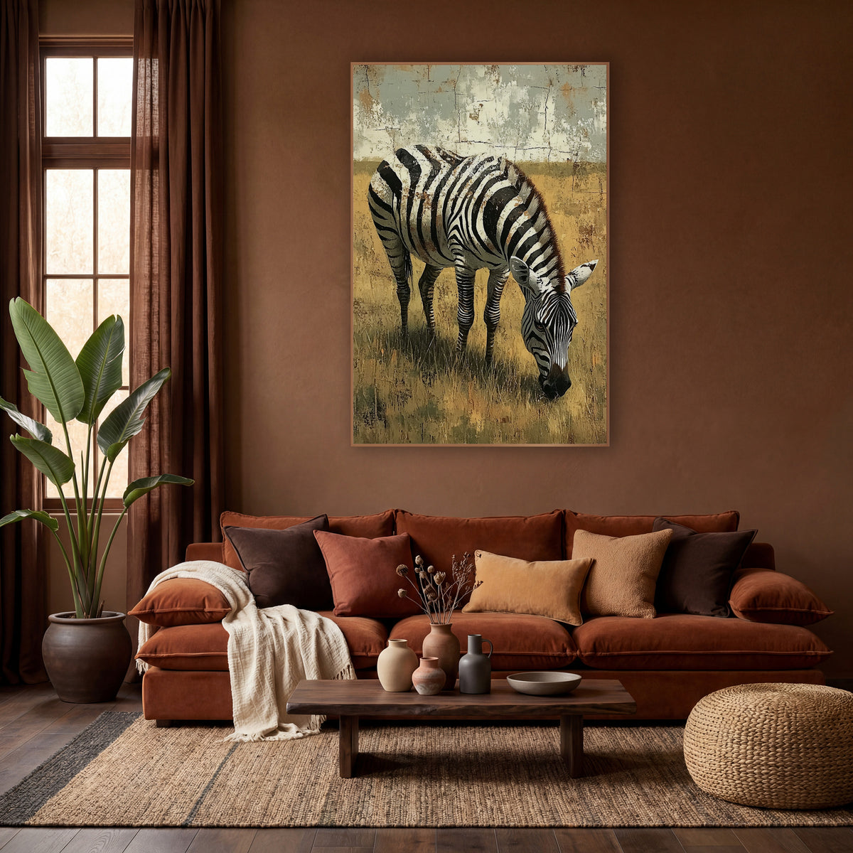 Zebra Shadowed Meadow Rustic wall art in a warm boho-style room – zebra grazing with lowered head in dry golden