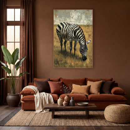 Zebra Shadowed Meadow Rustic wall art in a warm boho-style room – zebra grazing with lowered head in dry golden