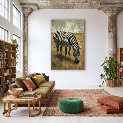 Zebra Shadowed Meadow Rustic wall art in a warm boho-style room – zebra grazing with lowered head in dry golden