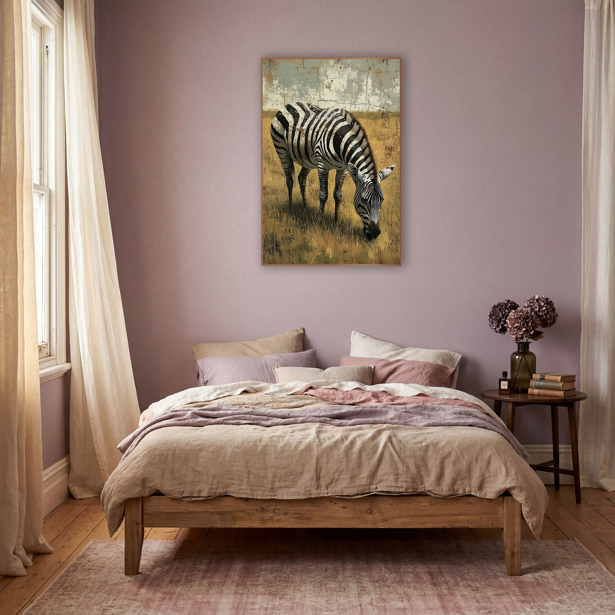 Zebra Shadowed Meadow Rustic wall art in a warm boho-style room – zebra grazing with lowered head in dry golden