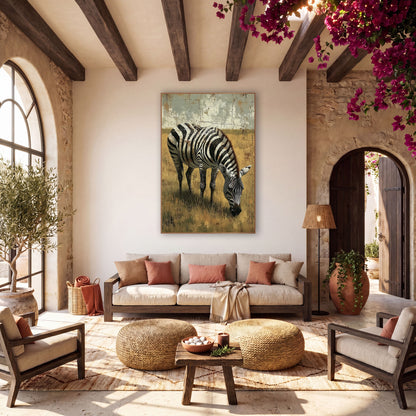 Zebra Shadowed Meadow Rustic wall art in a warm boho-style room – zebra grazing with lowered head in dry golden