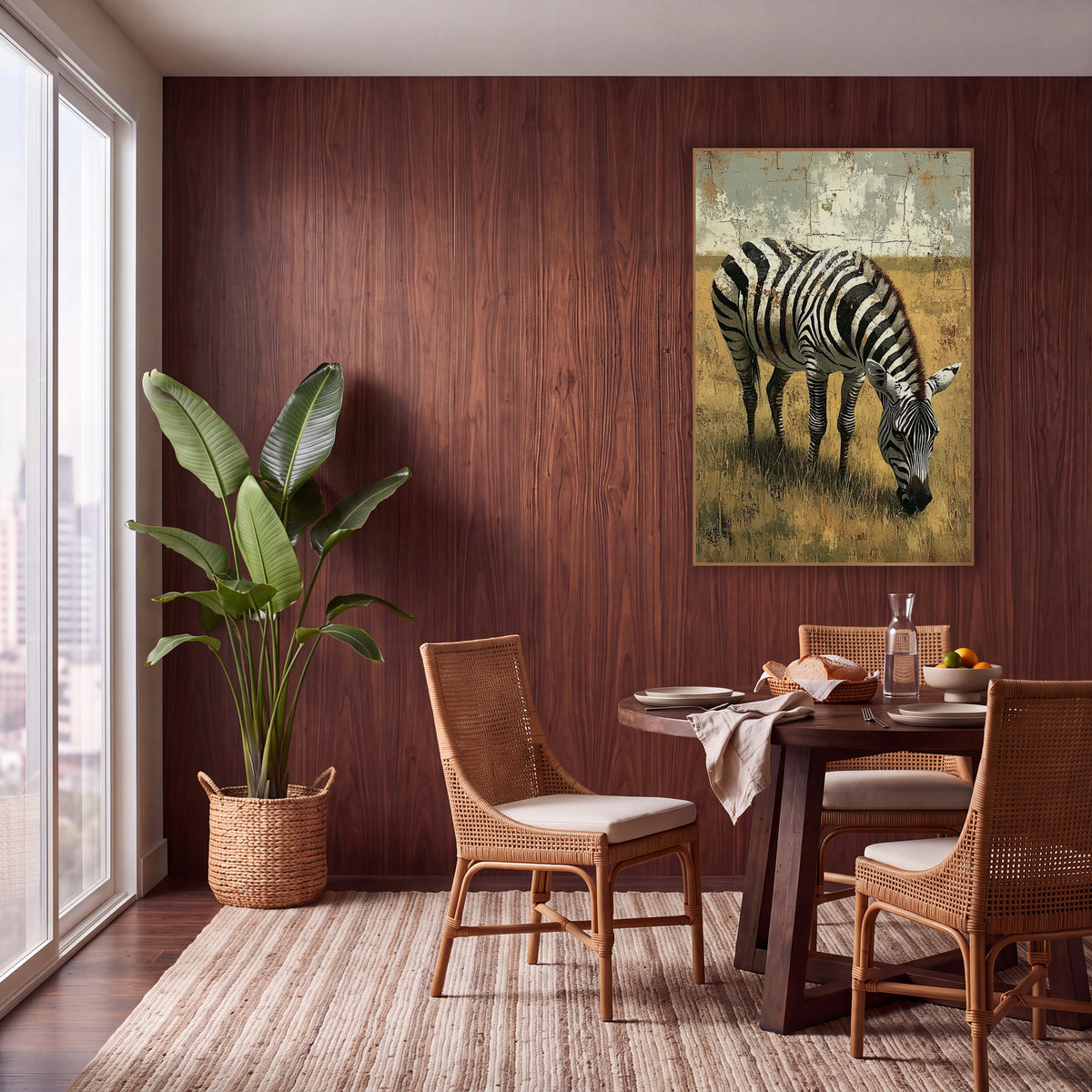Zebra Shadowed Meadow Rustic wall art in a warm boho-style room – zebra grazing with lowered head in dry golden