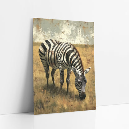 Zebra Shadowed Meadow Rustic art print leaning against a white wall – zebra grazing with lowered head in dry golden savanna