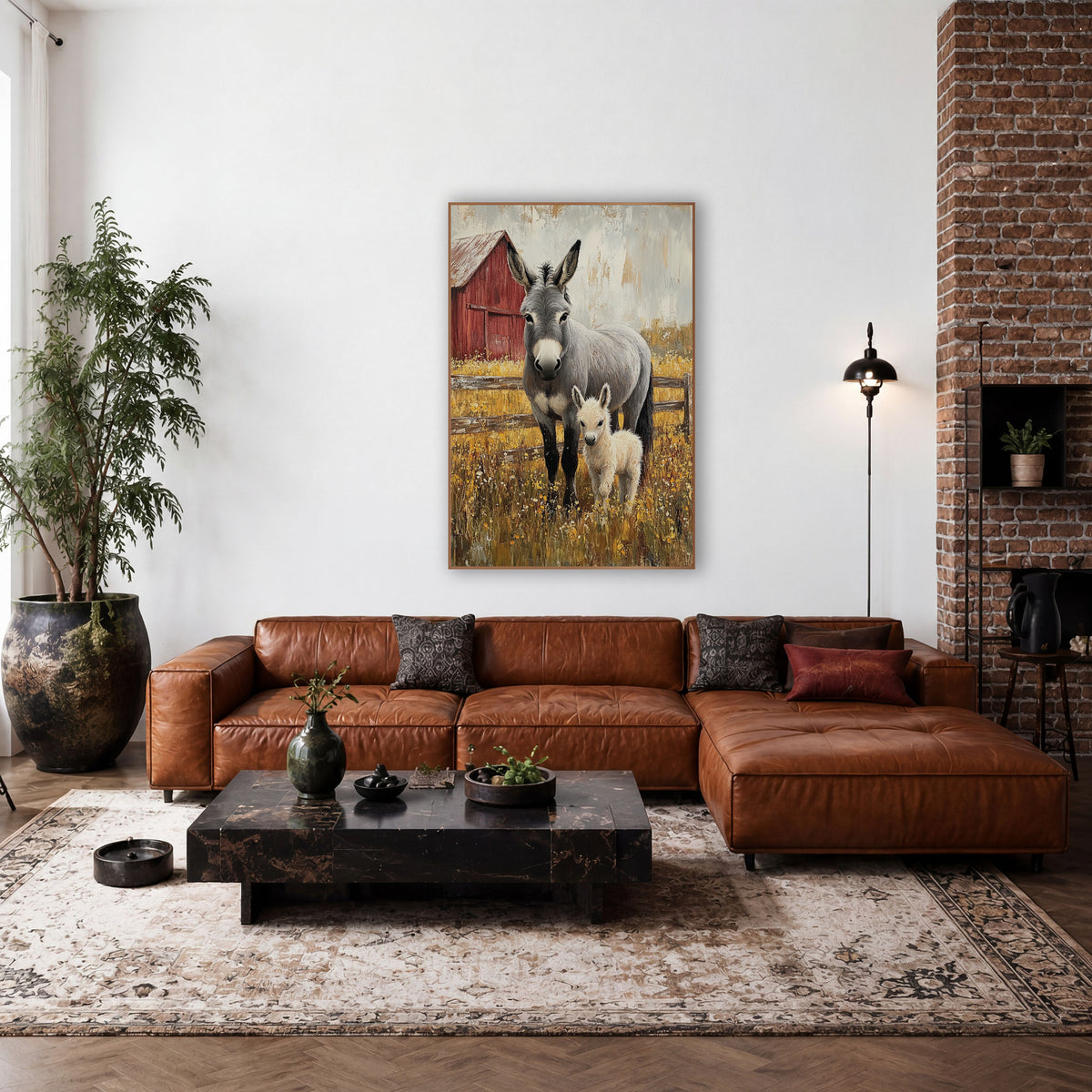 Gray Donkey And Foal Farmhouse wall art in a farmhouse-style room – gray donkey and cream foal standing in yellow
