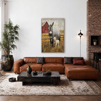 Gray Donkey And Foal Farmhouse wall art in a farmhouse-style room – gray donkey and cream foal standing in yellow