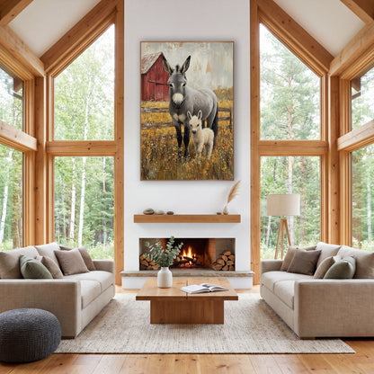 Gray Donkey And Foal Farmhouse wall art in a farmhouse-style room – gray donkey and cream foal standing in yellow