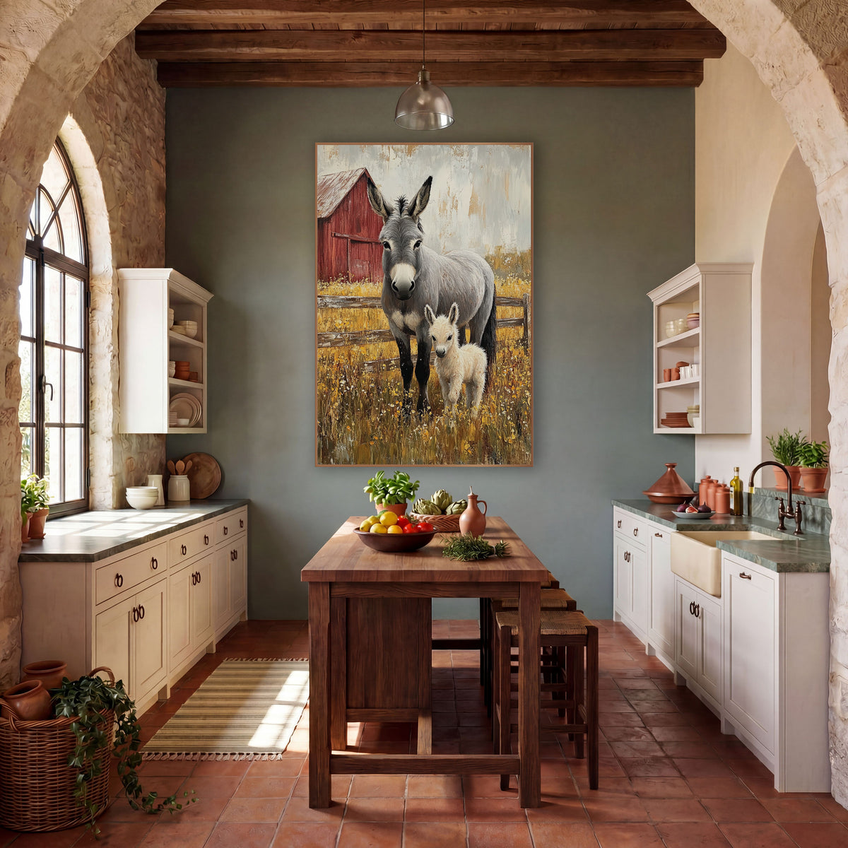 Gray Donkey And Foal Farmhouse wall art in a farmhouse-style room – gray donkey and cream foal standing in yellow