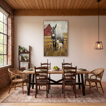 Gray Donkey And Foal Farmhouse wall art in a farmhouse-style room – gray donkey and cream foal standing in yellow