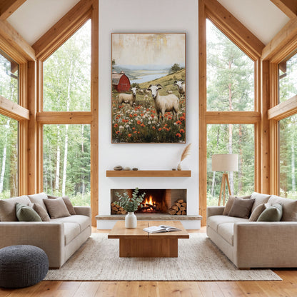Horned Goats Lake Valley Farmhouse wall art in a farmhouse-style room – white horned goats in a poppy meadow