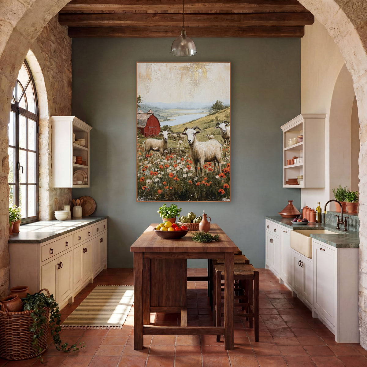 Horned Goats Lake Valley Farmhouse wall art in a farmhouse-style room – white horned goats in a poppy meadow