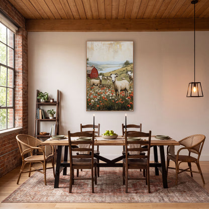 Horned Goats Lake Valley Farmhouse wall art in a farmhouse-style room – white horned goats in a poppy meadow
