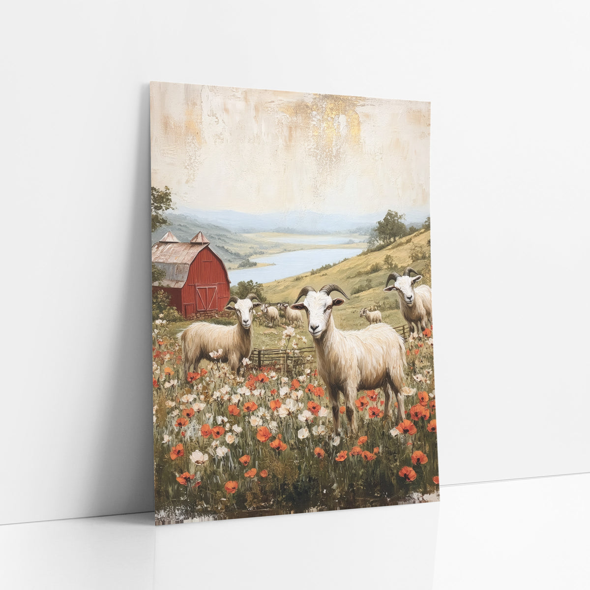 Horned Goats Lake Valley Farmhouse art print leaning against a white wall – white horned goats in a poppy meadow with a red