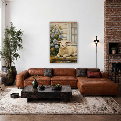 Lamb Beside Blue Hydrangeas Farmhouse wall art in a farmhouse-style room – cream lamb resting on a worn wooden step