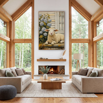 Lamb Beside Blue Hydrangeas Farmhouse wall art in a farmhouse-style room – cream lamb resting on a worn wooden step
