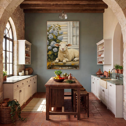 Lamb Beside Blue Hydrangeas Farmhouse wall art in a farmhouse-style room – cream lamb resting on a worn wooden step
