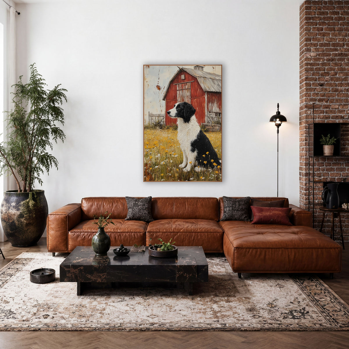 Collie Red Barn Farmhouse Meadow wall art in a farmhouse-style room – black and white dog sitting in a yellow