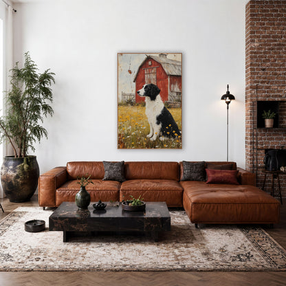 Collie Red Barn Farmhouse Meadow wall art in a farmhouse-style room – black and white dog sitting in a yellow