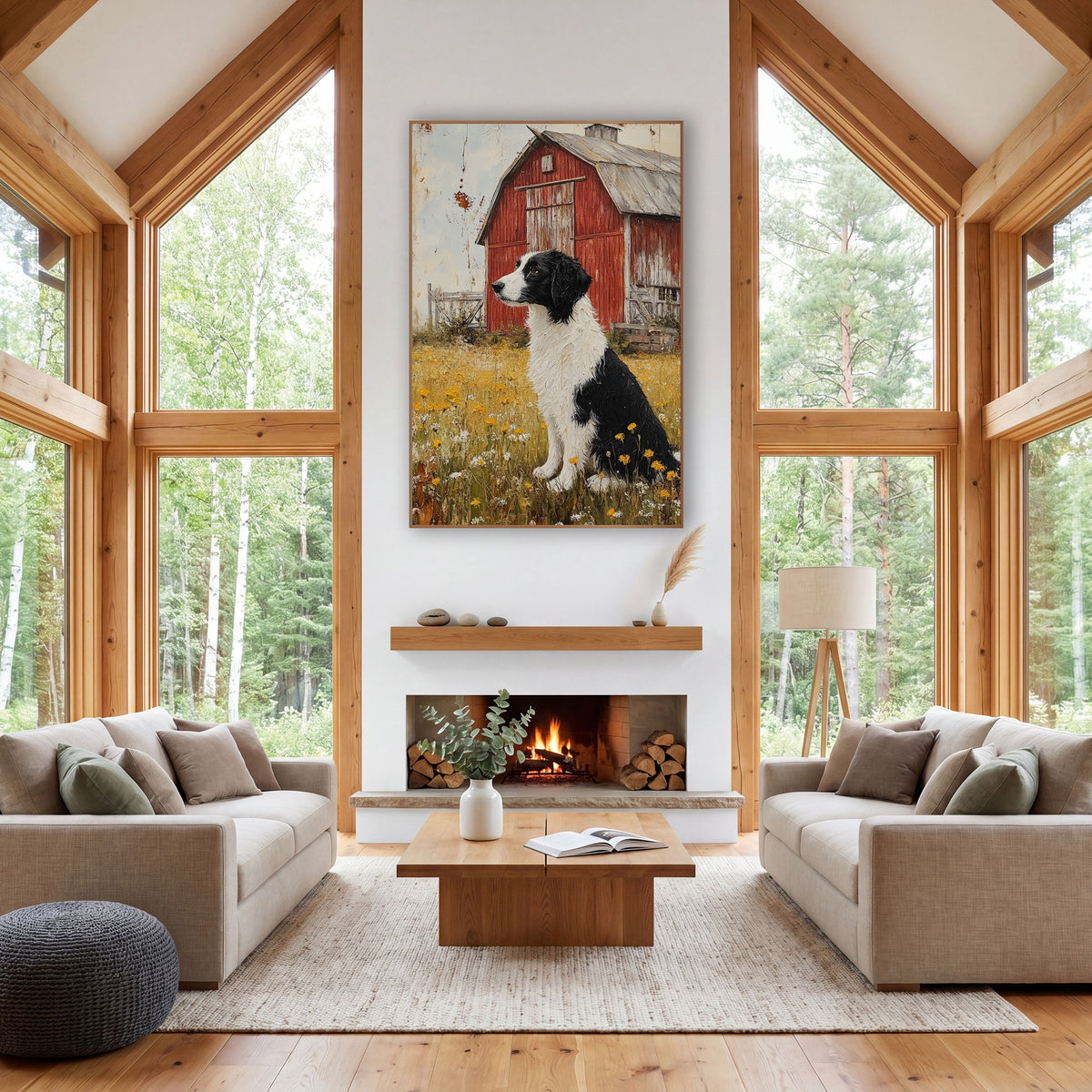 Collie Red Barn Farmhouse Meadow wall art in a farmhouse-style room – black and white dog sitting in a yellow