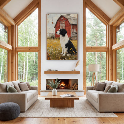 Collie Red Barn Farmhouse Meadow wall art in a farmhouse-style room – black and white dog sitting in a yellow