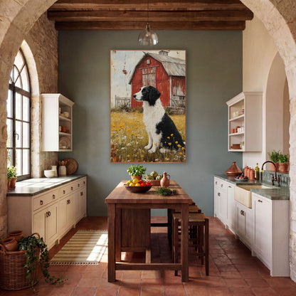 Collie Red Barn Farmhouse Meadow wall art in a farmhouse-style room – black and white dog sitting in a yellow