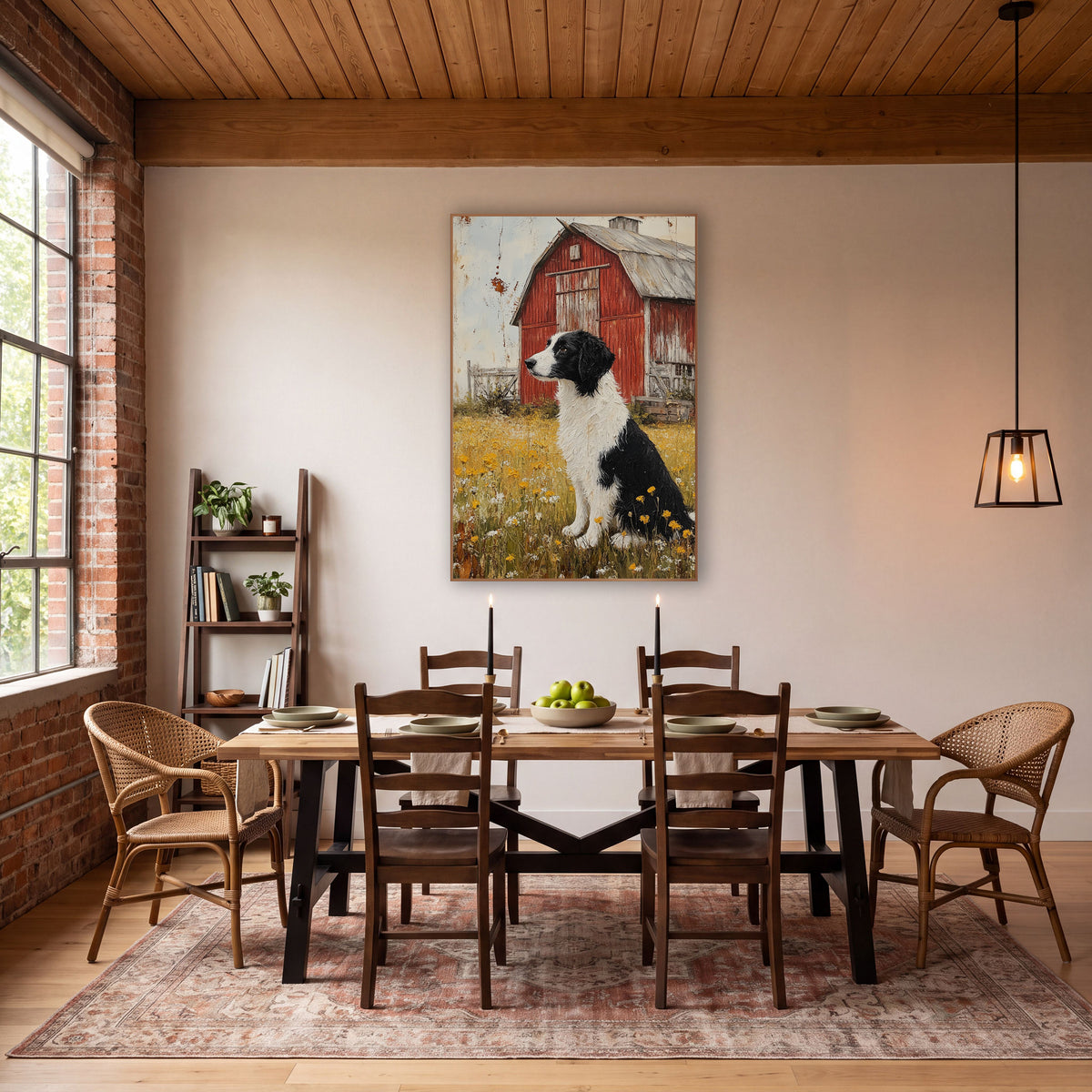 Collie Red Barn Farmhouse Meadow wall art in a farmhouse-style room – black and white dog sitting in a yellow
