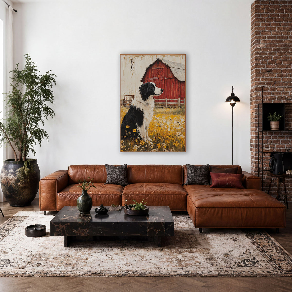 Profile Collie Pasture Fence Painterly wall art in a farmhouse-style room – black and white dog sitting in yellow