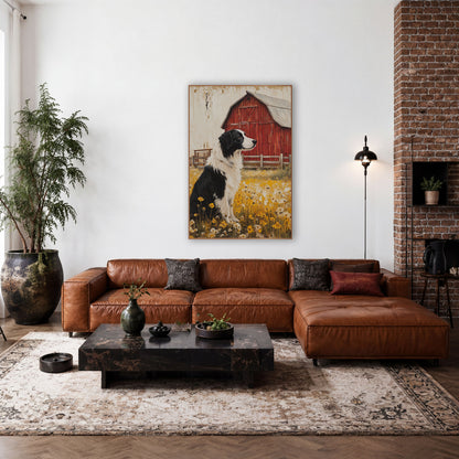 Profile Collie Pasture Fence Painterly wall art in a farmhouse-style room – black and white dog sitting in yellow