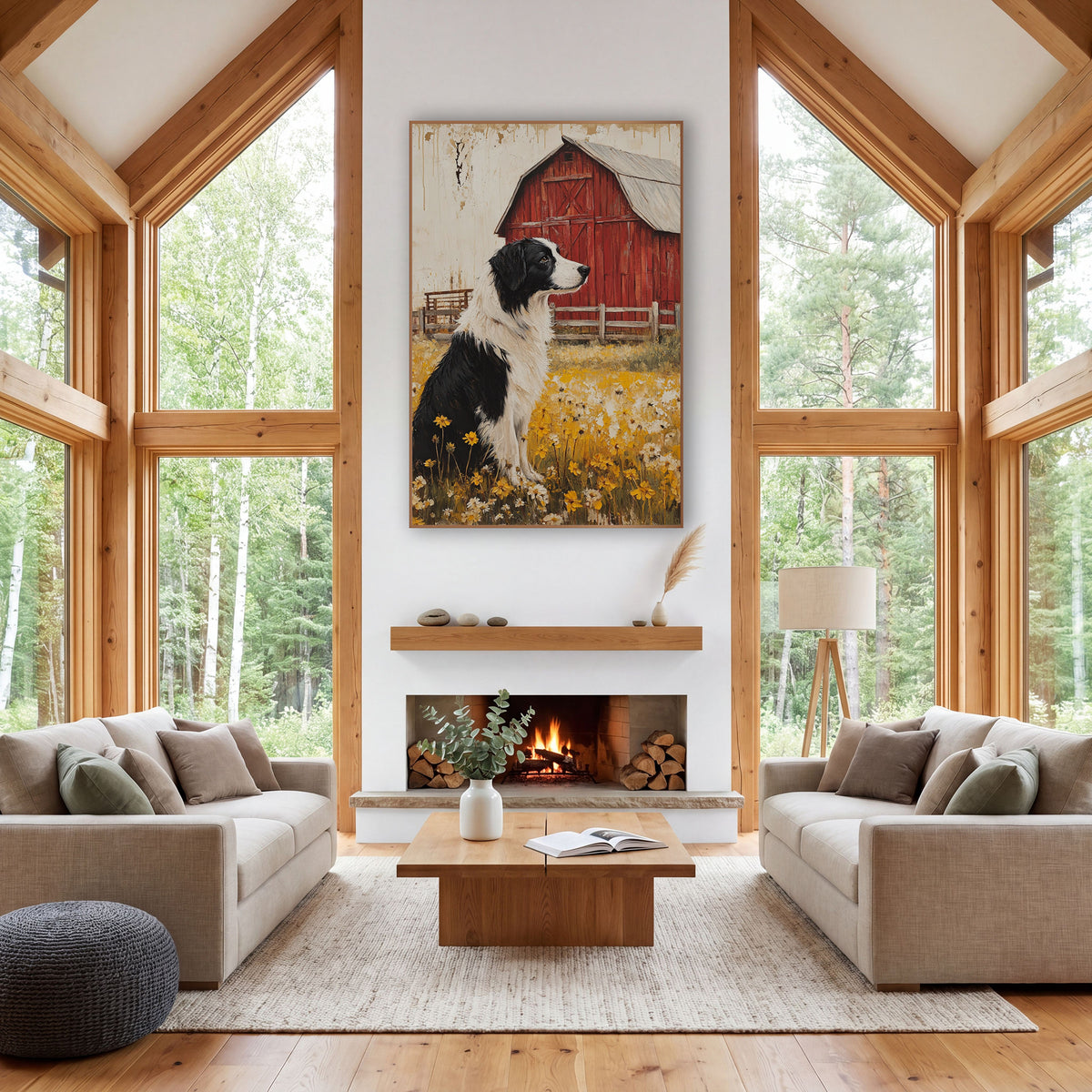 Profile Collie Pasture Fence Painterly wall art in a farmhouse-style room – black and white dog sitting in yellow