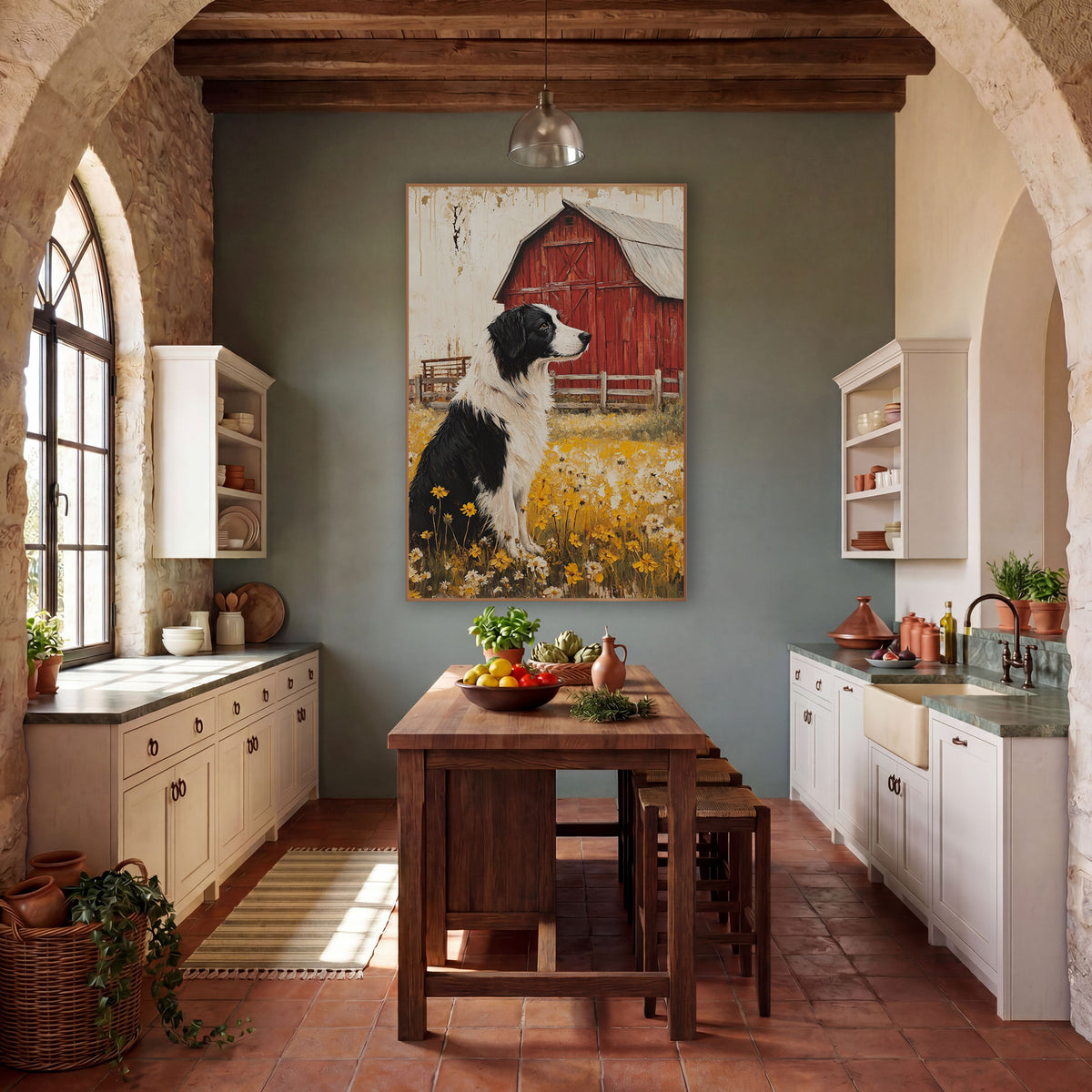 Profile Collie Pasture Fence Painterly wall art in a farmhouse-style room – black and white dog sitting in yellow