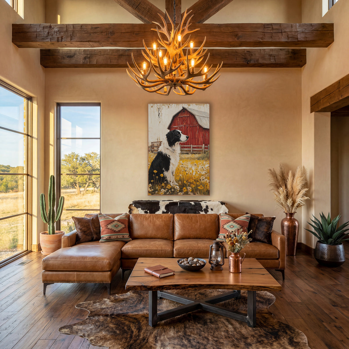 Profile Collie Pasture Fence Painterly wall art in a farmhouse-style room – black and white dog sitting in yellow