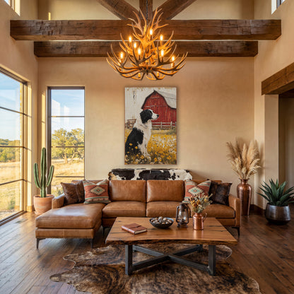 Profile Collie Pasture Fence Painterly wall art in a farmhouse-style room – black and white dog sitting in yellow
