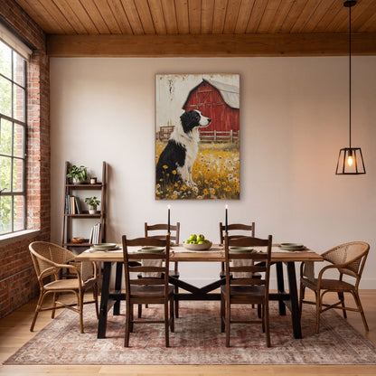 Profile Collie Pasture Fence Painterly wall art in a farmhouse-style room – black and white dog sitting in yellow