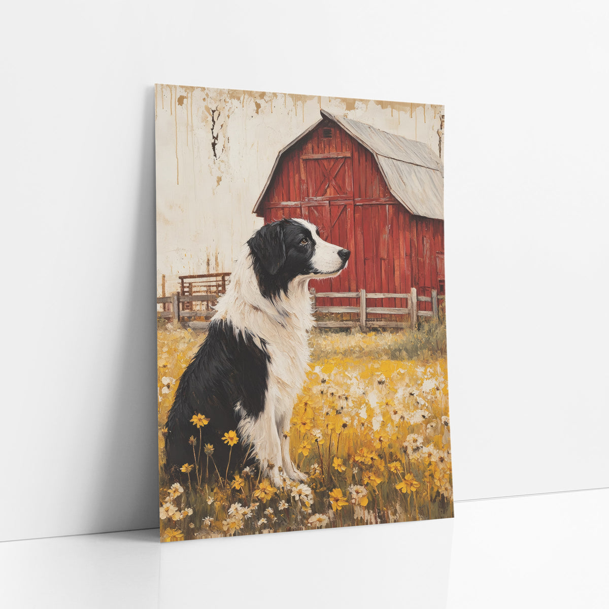Profile Collie Pasture Fence Painterly art print leaning against a white wall – black and white dog sitting in yellow