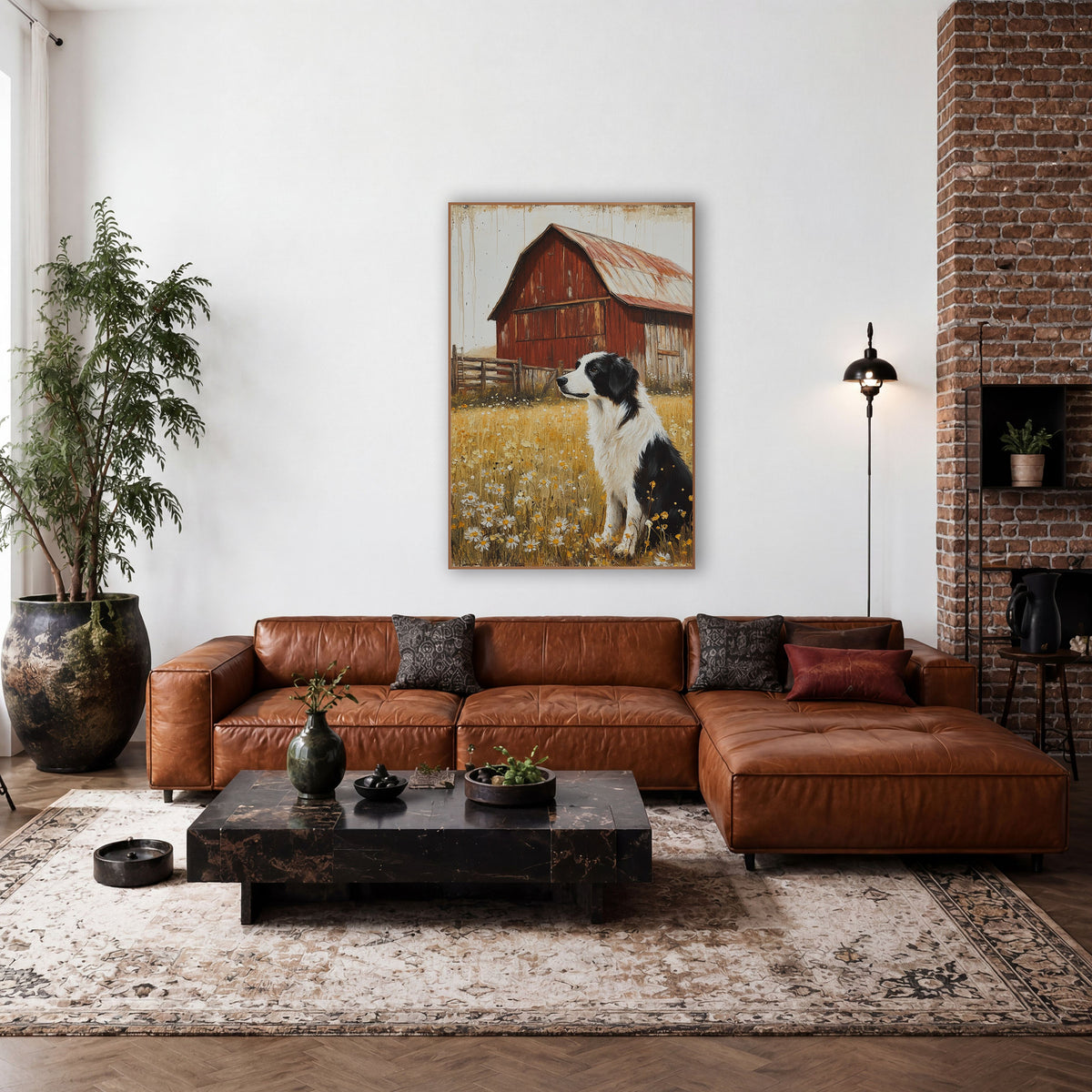 Daisy Meadow Collie Rusted Barn wall art in a farmhouse-style room – black and white border collie sitting in a golden