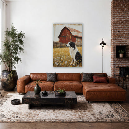 Daisy Meadow Collie Rusted Barn wall art in a farmhouse-style room – black and white border collie sitting in a golden