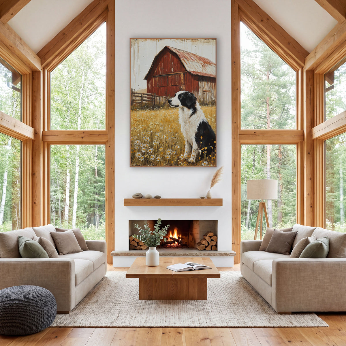 Daisy Meadow Collie Rusted Barn wall art in a farmhouse-style room – black and white border collie sitting in a golden