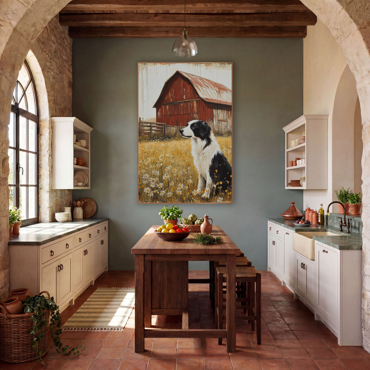Daisy Meadow Collie Rusted Barn wall art in a farmhouse-style room – black and white border collie sitting in a golden