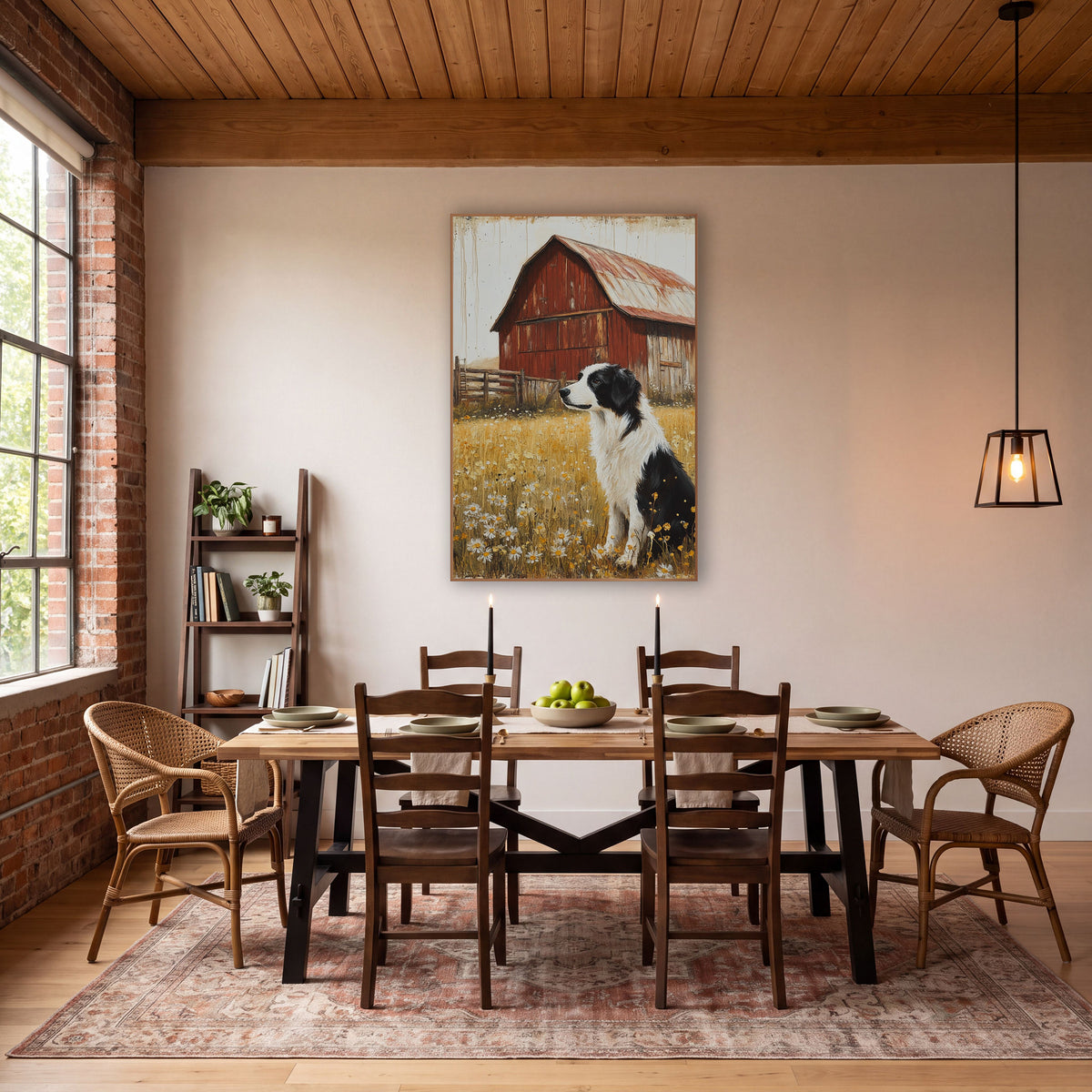 Daisy Meadow Collie Rusted Barn wall art in a farmhouse-style room – black and white border collie sitting in a golden