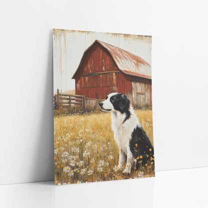 Daisy Meadow Collie Rusted Barn art print leaning against a white wall – black and white border collie sitting in a golden