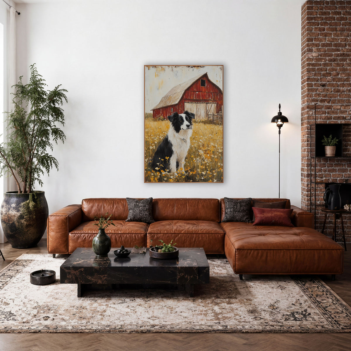 Frontal Collie Buttercups Barn Rustic wall art in a farmhouse-style room – black and white border collie sitting