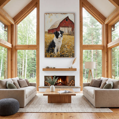 Frontal Collie Buttercups Barn Rustic wall art in a farmhouse-style room – black and white border collie sitting
