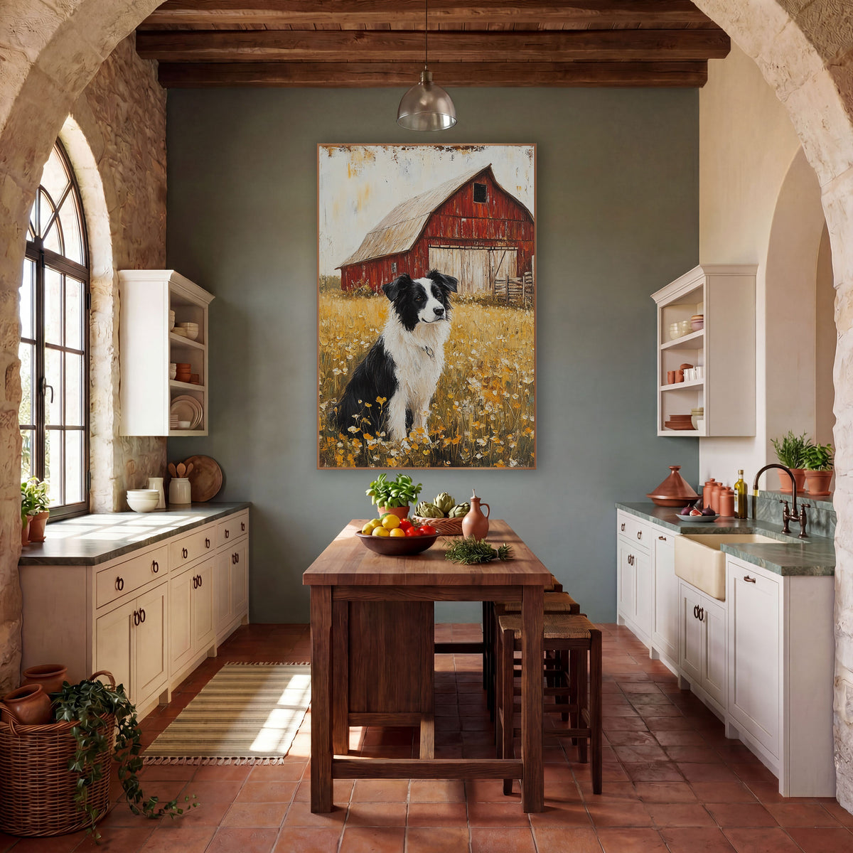 Frontal Collie Buttercups Barn Rustic wall art in a farmhouse-style room – black and white border collie sitting