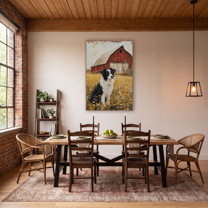 Frontal Collie Buttercups Barn Rustic wall art in a farmhouse-style room – black and white border collie sitting