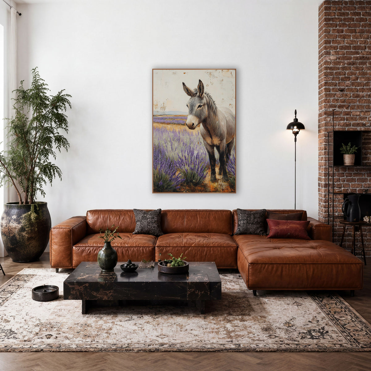Gray Donkey Lavender Field Farmhouse wall art in a farmhouse-style room – gray donkey standing in a purple lavender