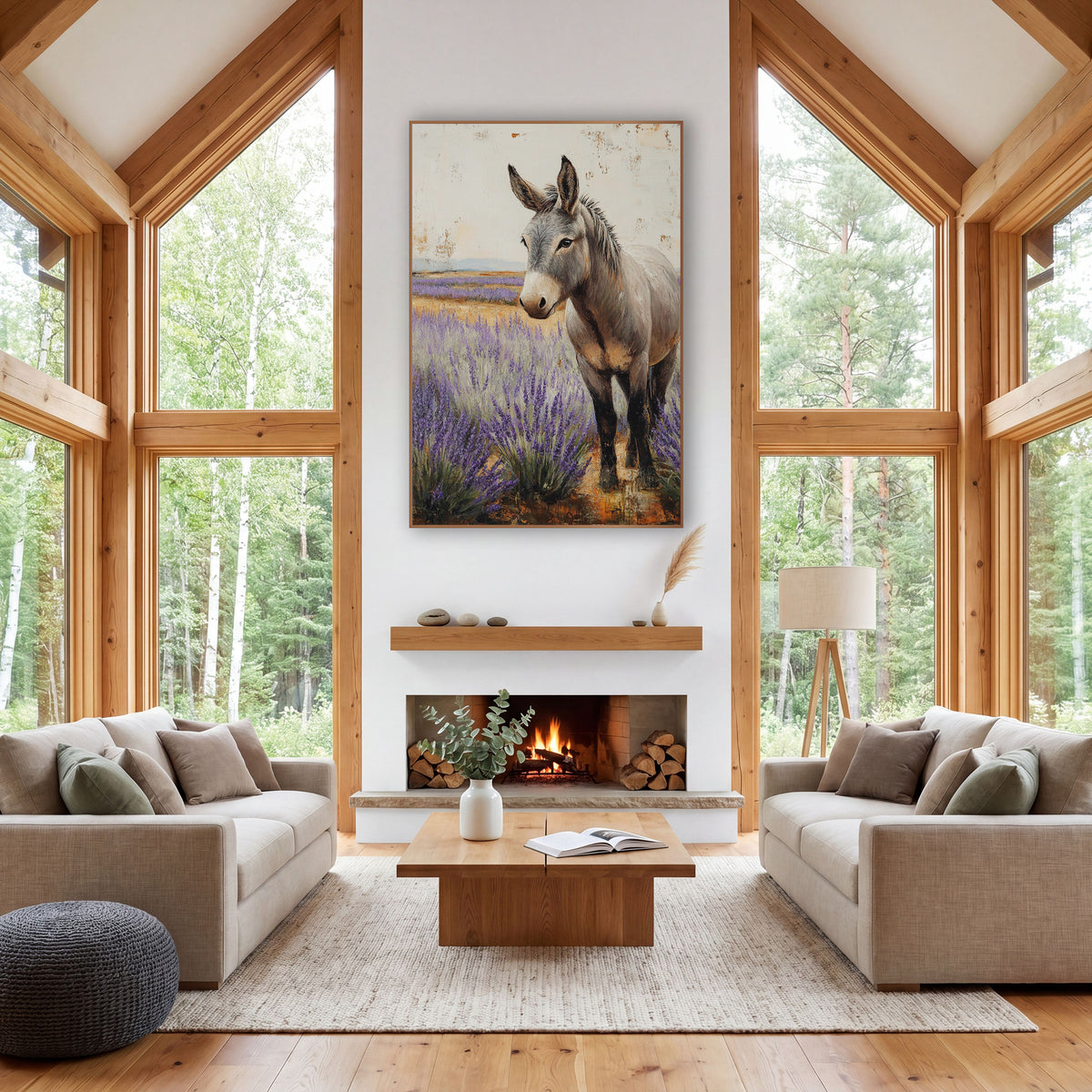 Gray Donkey Lavender Field Farmhouse wall art in a farmhouse-style room – gray donkey standing in a purple lavender