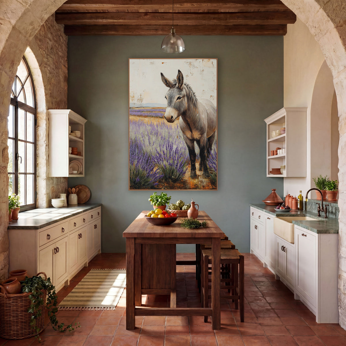 Gray Donkey Lavender Field Farmhouse wall art in a farmhouse-style room – gray donkey standing in a purple lavender