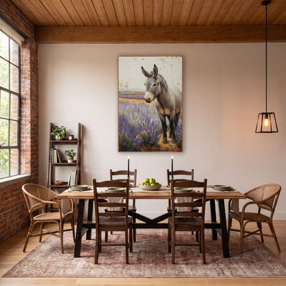 Gray Donkey Lavender Field Farmhouse wall art in a farmhouse-style room – gray donkey standing in a purple lavender